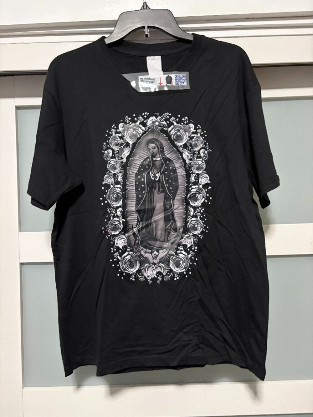 Virgin Mary Rose Screen Print T-Shirt Black sz L NEW NWT